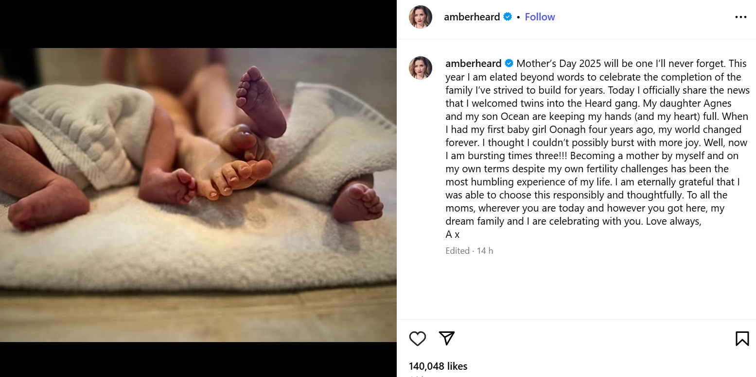 Actress Amber Heard welcomes twins